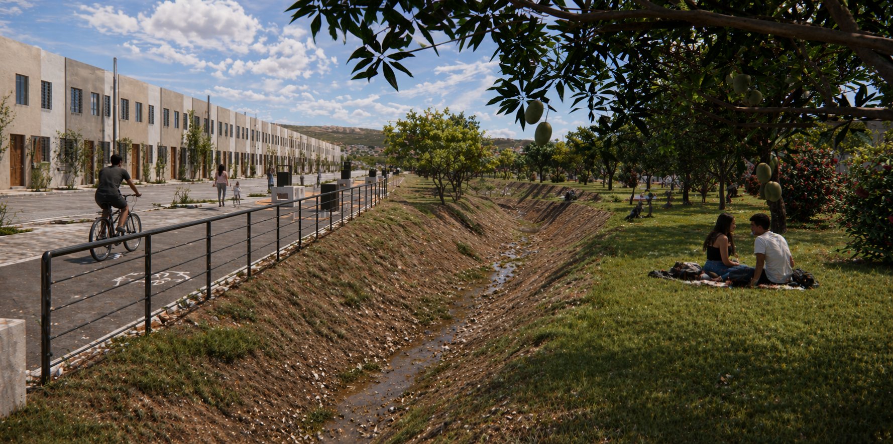 Parque lineal, ciclovía y viviendas de Joya Real